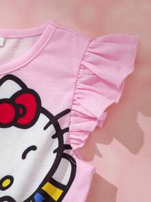 HELLO KITTY AND FRIENDS | SHEIN 女童字母卡通印花蝴蝶結裝飾網紗拼接休閒夏季洋裝 - 粉色 - 查看 6
