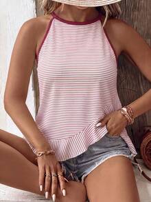 SHEIN LUNE Camiseta sin mangas para mujer de talla grande, nueva y de gran para primavera/verano, con diseño de color contrastante, patrón de rayas, casual y versátil - Multicolor - Ver 3