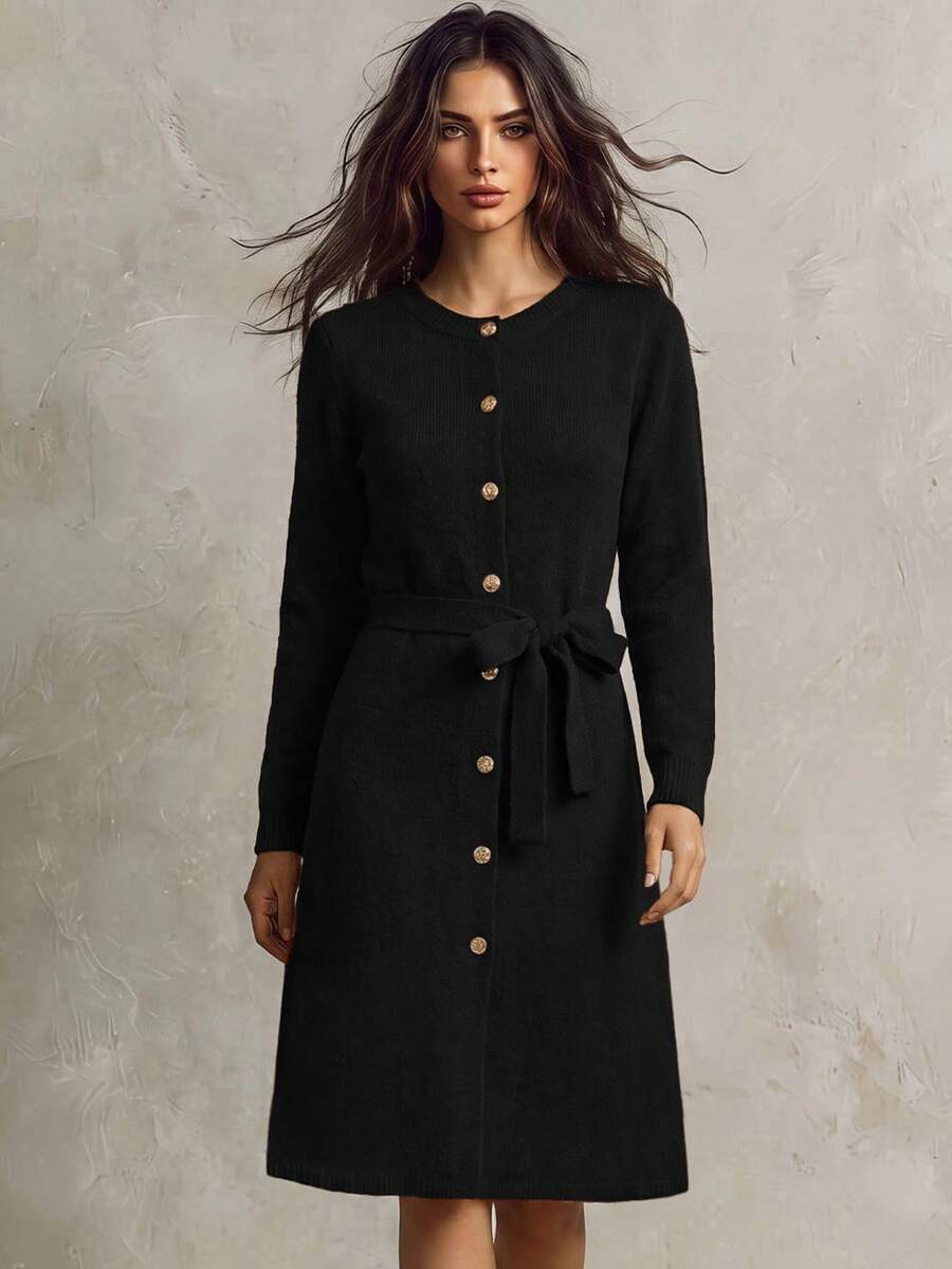 SHEIN Franclia 女士圆领纽扣配腰带长款针织毛衣裙 - 黑色 - 查看 1