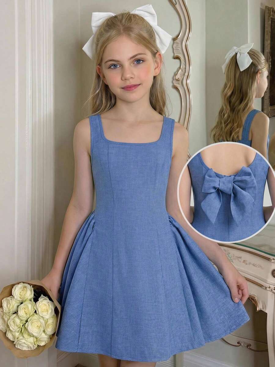 SHEIN Tween Girls Dresses Fabric Square Neck A-Line Back Bow Decor Sleeveless Dress, Suitable For Daily Commute, Elegant Cute, Party, Back To School - Blue - View 1