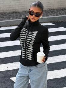 Muchica Black Fitted Women's Long-Sleeve Knit Sun-Protection Jacket, Featuring A Vintage Napoleon-Style Print And Pockets. - Black - View 5