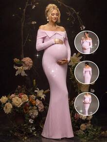 Cheriluna Maternity Spring/Autumn Maternity Dress, Slim Fit With Belly Accent, Sweet Style For Party And Banquet, High Elastic Knit Fabric Fall Pink Dress Wedding - Pink - View 12
