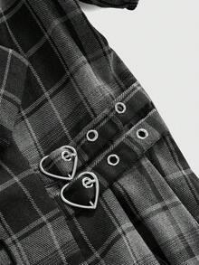 ROMWE Dark Gothic Black & Grey Plaid Bow Petal Sleeve Fitted A-Line Mini Dress - Multicolor - View 11
