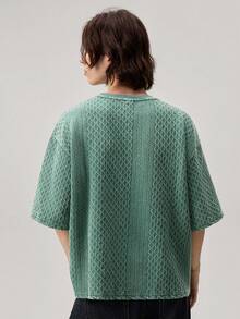 1pc Men's Green Summer Casual City Break Short Sleeve Tee,Textured Jacquard Fabric,Washed & Distressed Cotton T Shirt,Cropped Boxy Fit,Unisex Tops - Green - View 4