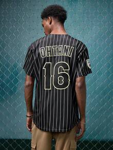EVRINFINITE Men's Size 16 Black Baseball Jacket, Casual Short Sleeve Embroidered Patchwork V-Neck Button T-Shirt, Party & Sports Wear Fall - Black - View 2