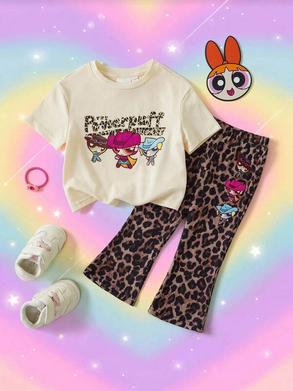 THE POWERPUFF GIRLS X SHEIN Baby Girl Cute Cartoon Print Round Neck Short Sleeve T-Shirt And Flared Leopard Print Pants Set