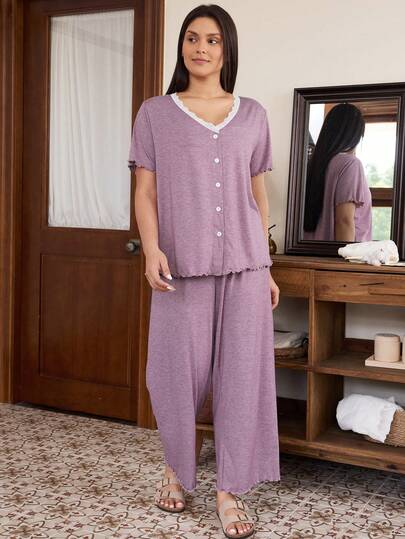 Doze Lane Casual Colorful Cotton Contrast Lace Patchwork Open Front Short Sleeve Pants Plus Size Pajama Set