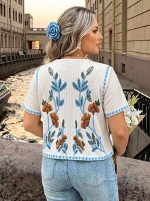 Vionelle Damen T-Shirt in Großen Größen, Französischer Lässiger Eleganter Stil, Muster, Rundhals, Kurzarm - Aprikosenfarben - Übersicht 3