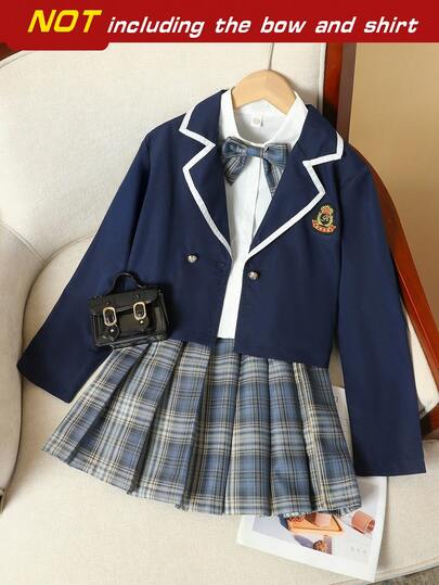 2 件套青少年女孩学院风西装外套和褶皱格子裙套装，春/秋