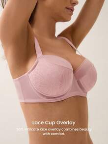 LUVLETTE Underwire Lightly Lined Pink Mesh Lace Push-Up Support Sheer Minimizer Lingerie Bra - Pink - View 4