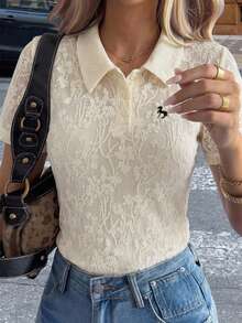 FRIFUL Women's Regular Fit Half-Button Polo Collar Top With Embroidered Print And Textured Fabric Brunch Office Tea Party White Floral Summer French Elegant - White - View 8