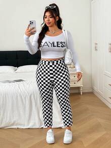 SHEIN EZwear 大尺碼女款棋盤格高腰緊身休閒長褲 - 黑與白 - 查看 4