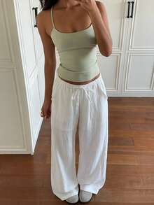SHEIN EZwear 女款紋理素色抽繩腰直筒寬鬆長褲 - 白色 - 查看 7