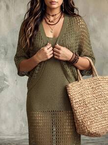 Linhara CURVE Plus Size Women's Solid Color Hollow Out Dress And Cardigan Casual Daily Set Fall - Olive Green - View 6