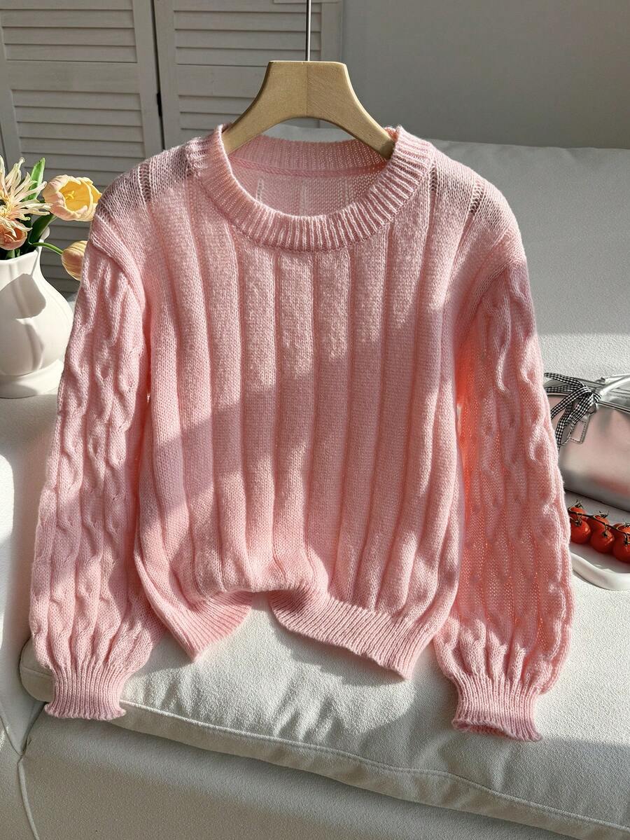 Sweater Rajut Kabel Model Anak Perempuan Remaja dengan Lengan Lonceng dan Kerah Bulat - Dusty Pink - View 1