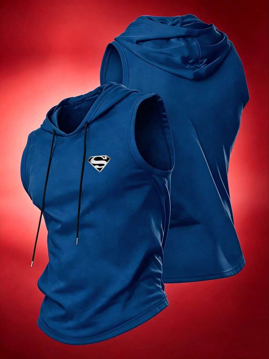 SUPERMAN X SHEIN RISE LYT Tank Top Olahraga Pria Berkerudung dengan Motif Cetak untuk Lari dan Kebugaran - Royal Blue - View 1
