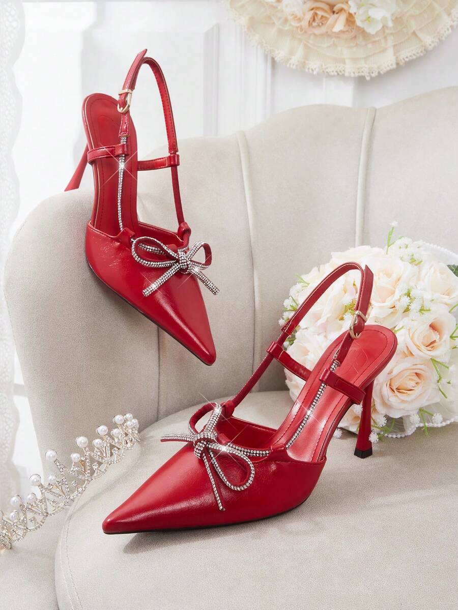 CUCCOO HITCHD Red Glossy Patent Leather Pointed Back Empty Rhinestone Bow Thin Strap Metal Buckle Wedding Shoes, Bridal Wedding Banquet Dating Temperament Fashion - Red - View 1