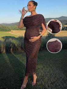 MaterniChic Elegant Polka Dot Print Fitted Maternity Dress - Mocha Brown - View 2