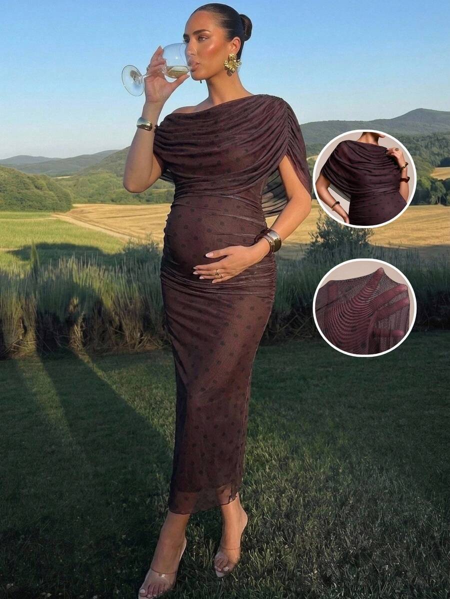 MaterniChic Elegant Polka Dot Print Fitted Maternity Dress