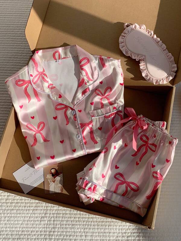 Comfortcana 2pcs Women's Bow Print Pocket Short Sleeve Top And Shorts Pajama Set, Spring/Summer