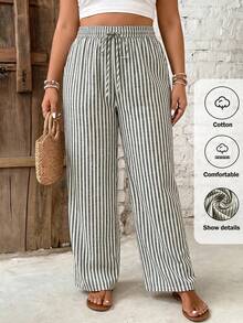 SHEIN PETITE CURVE 大尺碼女款腰部繫帶條紋直筒長褲 - 黑與白 - 查看 7