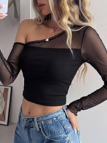 Dazy Designer قمصان نسائية كاجوال للربيع/الصيف بلون أحادي مع تقسيم الشبكة وياقة غير متماثلة وتناسب ضيق للخروج، أكمام طويلة شفافة - الأسود - مشاهدة 5