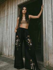 SHEIN LUNE 女款抽繩腰花卉刺繡圖案休閒百搭日常外出長褲 - 黑色 - 查看 3