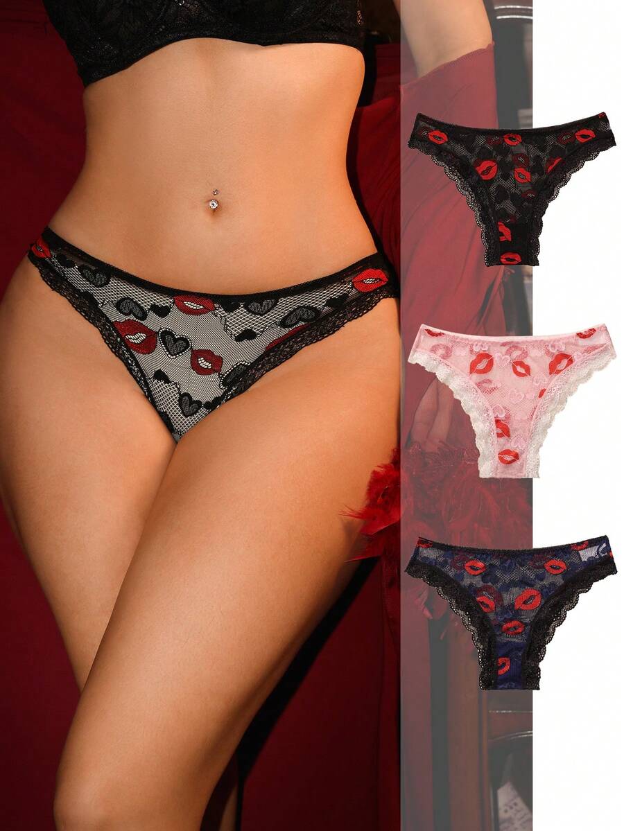 Divavoom Romantic Lace Trim Sexy Girl Triangle Panties Women's Underwear 3-Piece Set - Multicolor - View 1