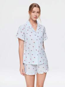 Bonmuse 3pcs Women's Cherry Striped Print Pajama Set With Pockets, Front Button, Ruffle Hem Short Sleeve Top And Shorts & Pants, Summer Sleepwear - Multicolor - View 4