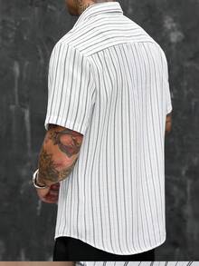 SLATEMANN Men's White Vintage Textured Linen-Like Vertical Stripe Casual Business Commute Versatile Short Sleeve Shirt, Summer - White - View 2