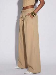 Normani Women's Fashion Versatile Commute Solid Color Wide Leg Long Pants - Apricot - View 5