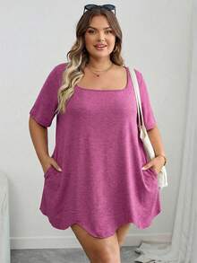 SHEIN CURVE+ 大码曲线/秋季服装/秋季女装/冬季女装/冬季服装大码方领不对称下摆口袋短袖T恤大码黑色上衣8XL女装6XL大码女装5XL大码大码上衣曲线，女士假日装扮女士秋季服装，冬季，曲线加大码 - 玫紅色 - 查看 3