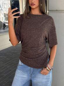 Aloruh Women's Casual Versatile Coffee Brown T-Shirt, Autumn T-Shirt, Round Neck T-Shirt, Waist-Cinching Asymmetrical T-Shirt Brunch Tops Going Out Tops - Rust Brown - View 9