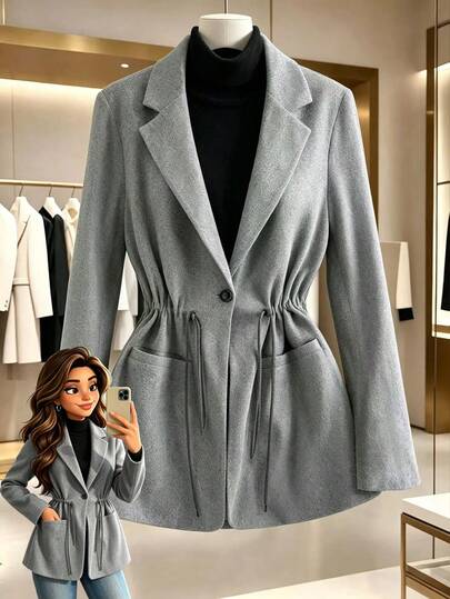 GlowEve CURVE Plus Size Women's Korean Style Casual Elegant Business Casual Overcoat With Single-Breasted Cuff Cinched Waist, Suitable For Office Formal Autumn