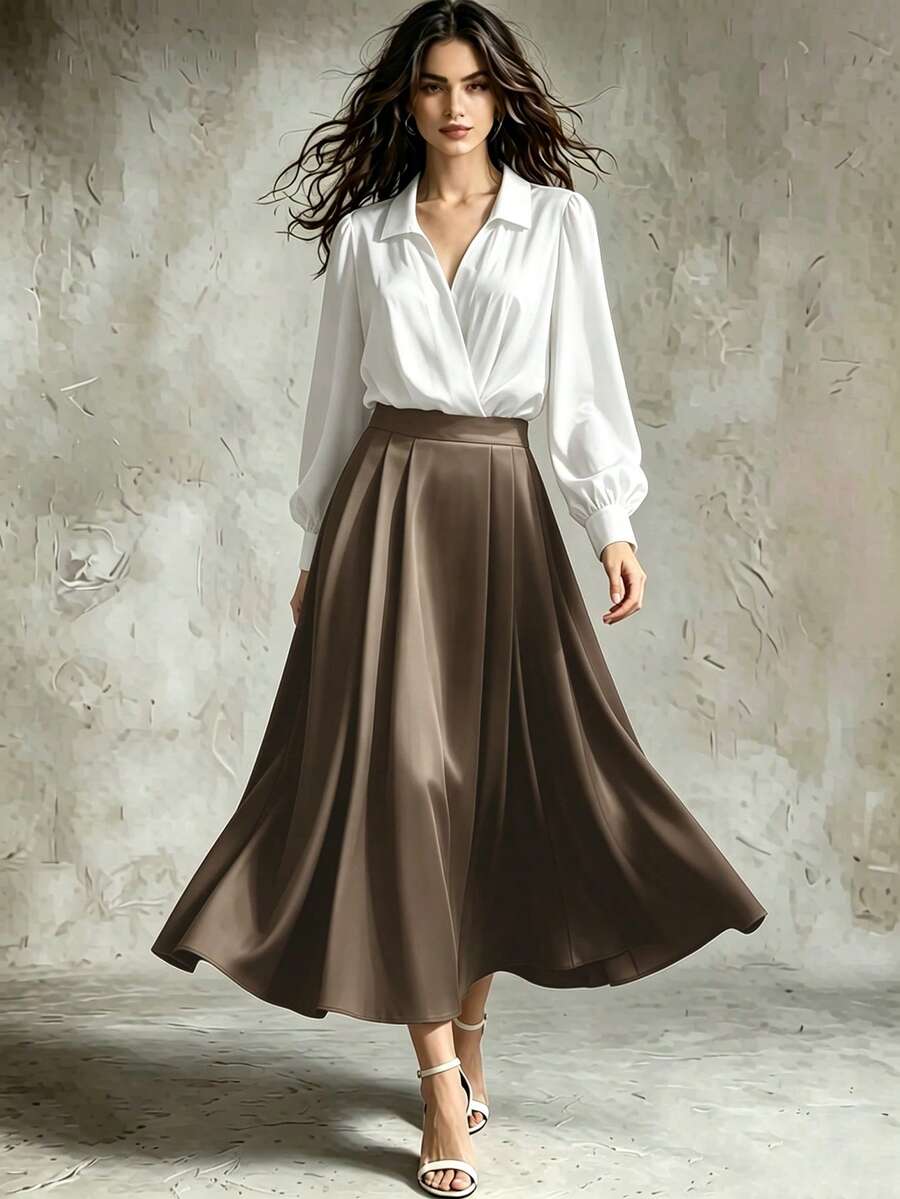 Franclia Elegant Fashion Shiny Fabric Top And Pleated Midi Skirt 2 Pieces Set, Suitable For Autumn/Winter - Multicolor - View 1