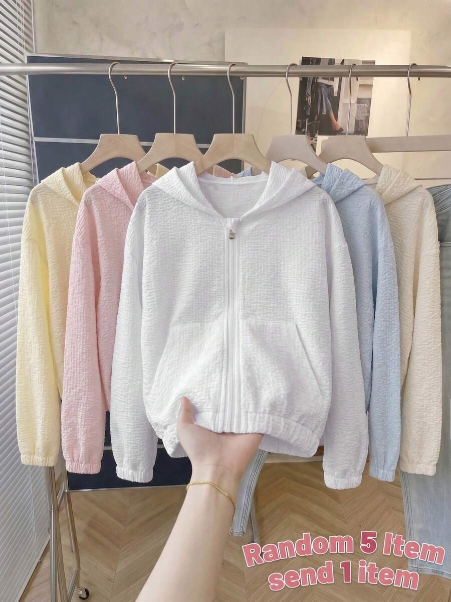 SHEIN 青少年女孩純色長袖拉鍊口袋休閒連帽外套 - 白色 - 查看 1