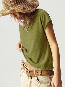 Bohemela Solid Color Knit Boat Neck Fitted Washed T-Shirt For Women,Summer Top Vacation Sage Green Boho - Green - View 4