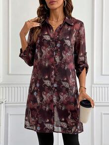 SHEIN Clasi 女款度假時尚腰果圖案印花單排扣襯衫 - 彩色 - 查看 4