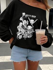 Betty Boop x SHEIN SHEIN EZwear 休閒寬鬆露肩卡通印花加厚衛衣，適合外出、街頭風、時尚、返校、Y2K、派對日常穿搭，秋季 - 黑色 - 查看 7