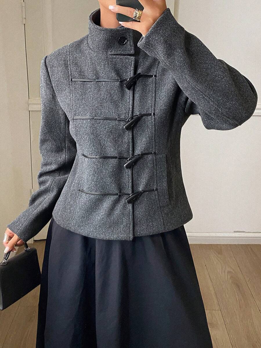 DAZY Solid Color Fitted Waist Horn Button High Neck Wide Long Sleeve Elegant Formal Holiday Autumn/Winter Overcoat Women's - Grey - View 1