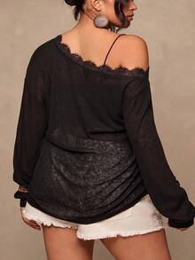 SHEIN CURVE+ Großes lässiges asymmetrisches Schulter-Spitzen-Strick-Top, vielseitiges T-Shirt für Herbst und Winter - Schwarz - Übersicht 2