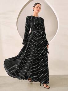 Graceveil Elegant Decent Casual Polka Dot Round Neck Flare Sleeve Cinched Cinched Waist Full Skirt Dress Formal Office Autumn - Black and White - View 7