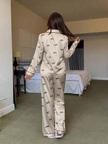 SHEIN 仿絲蝴蝶結條紋女款睡衣套裝 - 棕色 - 查看 2