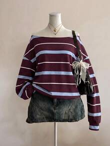 Attitoon Sudadera de mujer con bloques de color y rayas, hombros descubiertos - Multicolor - Ver 7