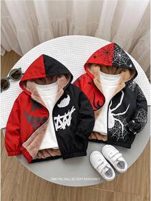 SHEIN 兒童 1件 小男孩冬季夾克 配色拼接印花保暖內裡連帽外套 返校季街頭可愛萬聖節 Y2K 風格 - 彩色 - 查看 4