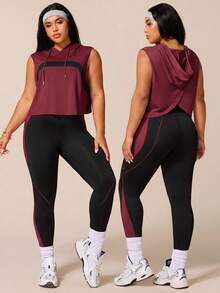 SHEIN Rhythm Era 女款運動瑜珈戶外健身運動套裝，抽繩連帽寬鬆運動衫搭配弧形拼色胸前設計，緊身運動褲搭配線條與拼色對比設計 - 酒紅色 - 查看 2