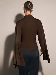 COSMINA Women's Solid Color Stand Collar Split Sleeve Fitted Elegant Blouse - Coffee Brown - View 4