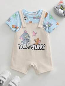 TOM & JERRY X SHEIN 男婴卡通图案字母印花圆领短袖T恤和背带短裤套装 - 藍色 - 查看 1
