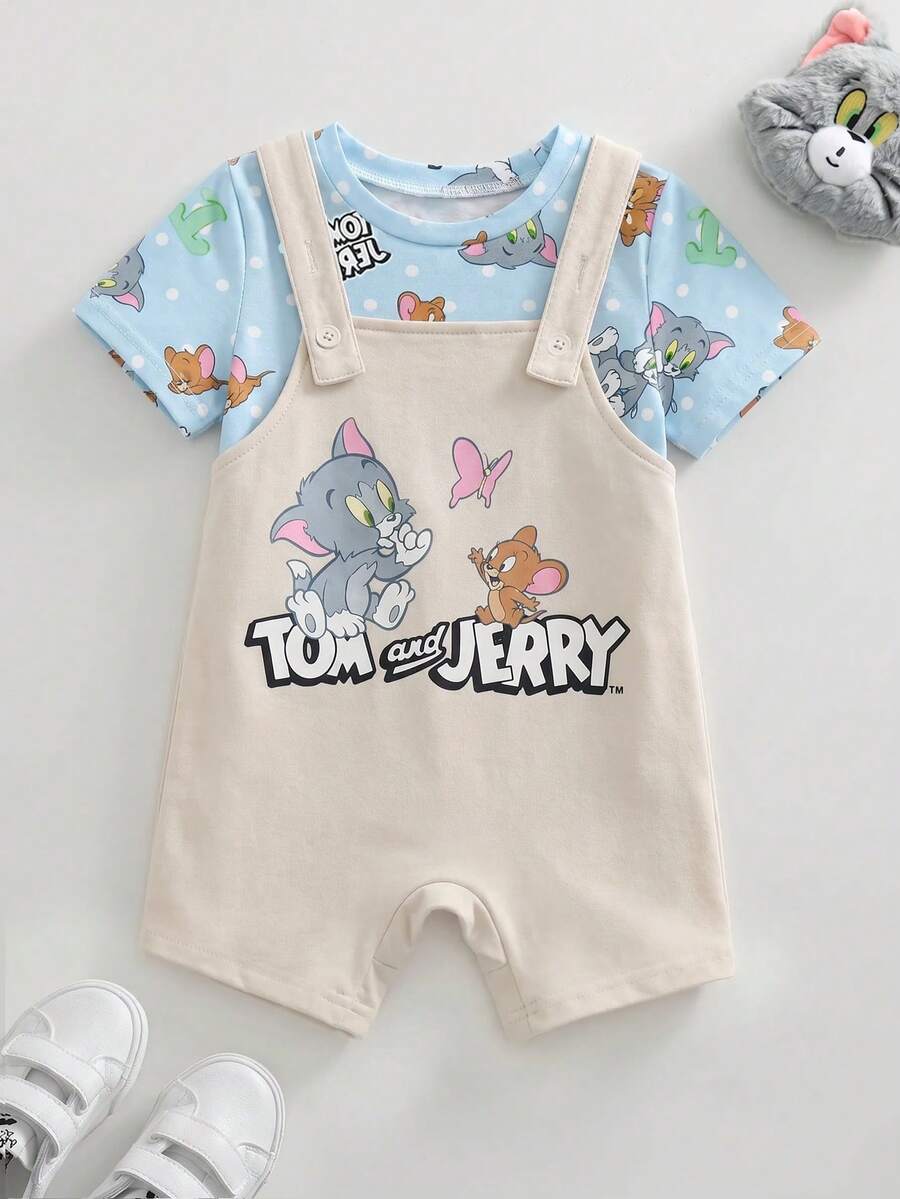 TOM & JERRY X SHEIN 男婴卡通图案字母印花圆领短袖T恤和背带短裤套装 - 藍色 - 查看 1