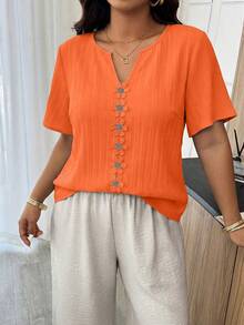 Weeklong Blusa holgada de manga corta con volantes y parches florales para mujer talla grande, primavera/verano - Naranja - Ver 6